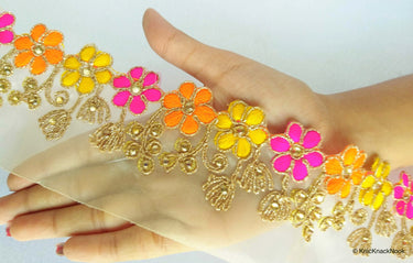 Gold Sheer Tissue Fabric Trim With Embroidered Pink, Yellow, Orange & Gold Flowers